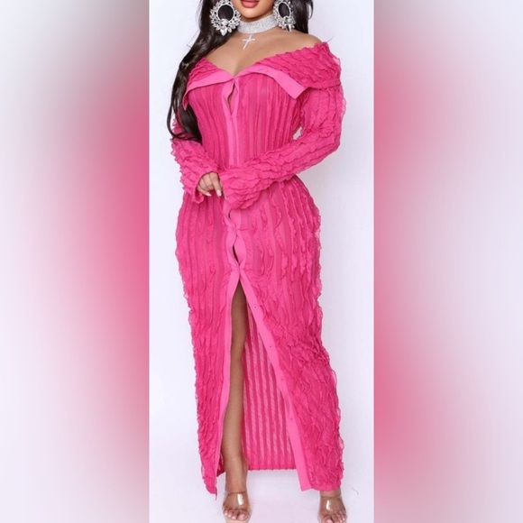 Hot Pink Sheer Off Shoulder Ruffle Dress, NWOT - Picture 2 of 5